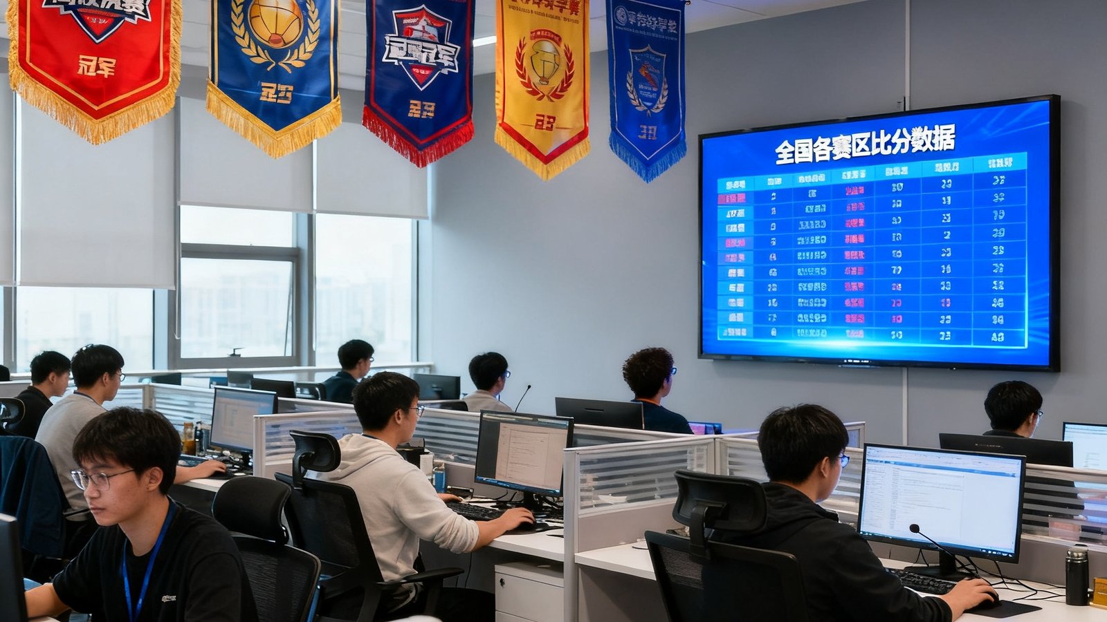 完美世界电竞上海总部办公室实拍画面，开放式工位区域悬挂着多面高校赛事冠军旗帜，墙上大屏幕实时滚动全国各赛区比分数据，数十名运营人员正在紧张工作中
