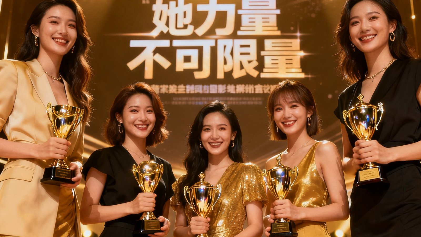 完美世界电竞主办的女子电竞专项赛颁奖仪式上，五位女性选手手捧奖杯并肩站立，她们面带自豪笑容，舞台背景显示赛事口号——她力量不可限量